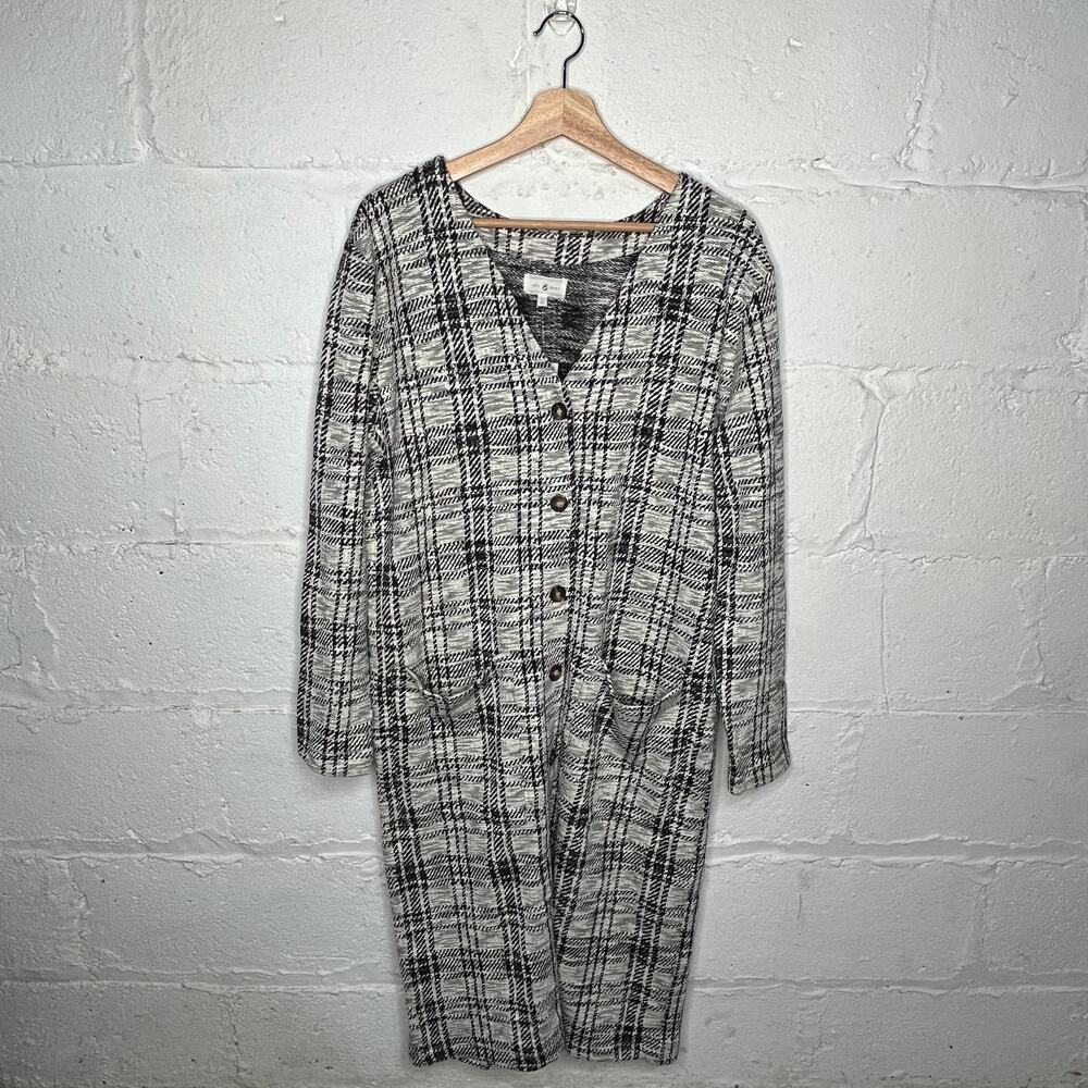 Lou & Grey Plaid Sweater Dress Academia Button Cardigan Women Black White L NWT